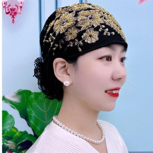 洋气百搭新款凤尾花盘花帽妈妈时尚头巾束发帽遮白发蕾丝包头帽女
