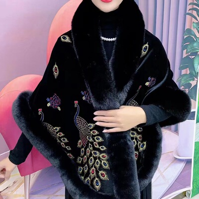 2026新款加厚加绒披肩女秋冬保暖喜妈妈毛领贵妇婚礼旗袍披风斗篷