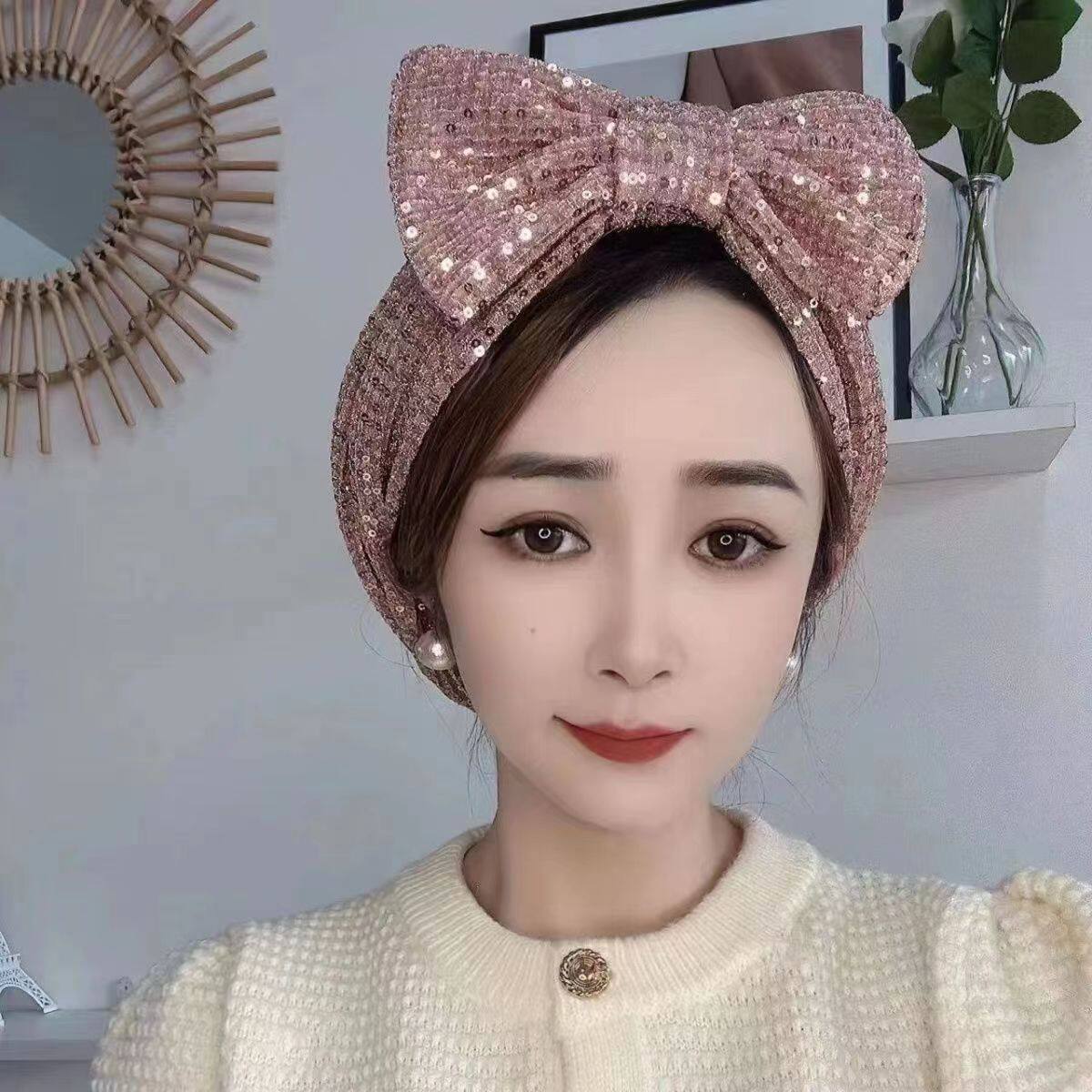 网红新款洋气纯色亮片蝴蝶爆款包头帽时尚发带帽套头高级回族女帽