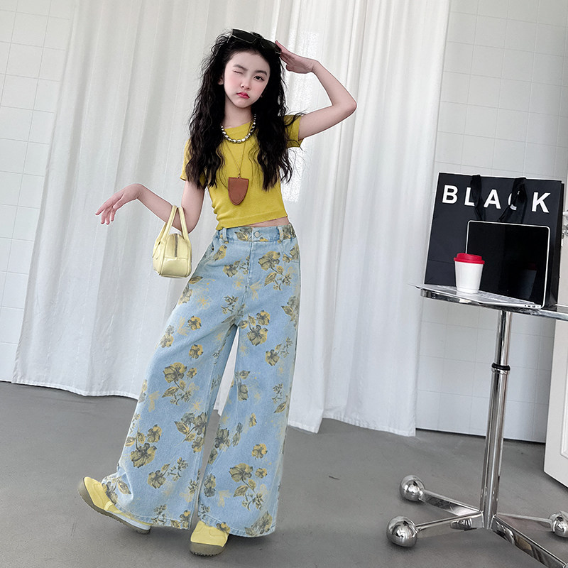 女童夏装套装2025新款儿童短袖碎花牛仔阔腿裤中大童小清新两件套
