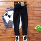 修身 牛仔裤 儿童秋冬休闲加绒小脚裤 男童黑色瘦版 中大童一体绒裤 子