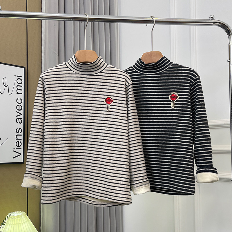 男童中领加绒打底衫中大童秋冬韩版上衣儿童半高领条纹加厚T恤潮