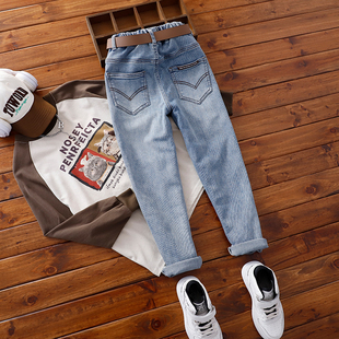 男童蓝色瘦版牛仔小脚裤儿童加绒裤子中大童秋冬一体绒修身长裤