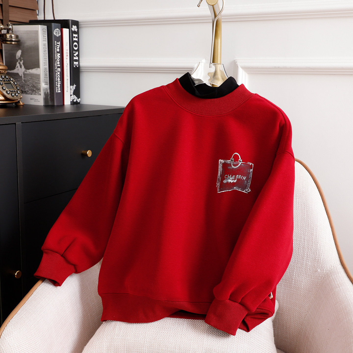 中大童红色中领加绒卫衣男童冬季新年红色衣服儿童一体绒童装上衣