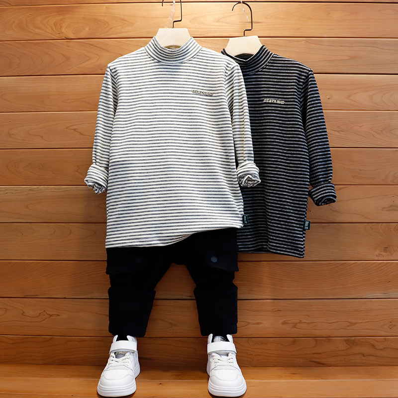 儿童中领条纹打底衫男童秋冬长袖t恤小孩内搭保暖衣中大童半高领