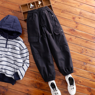 男童黑色加绒工装裤儿童一体绒长裤中大童冬款简约大方厚实长裤