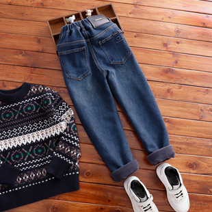 男童瘦版加绒牛仔裤中大童一体绒修身小脚裤儿童冬季窄版蓝色裤子