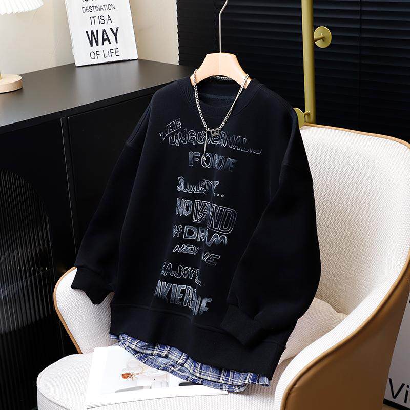 男童黑色加绒卫衣儿童冬季休闲衣服中大童假两件一体绒宽松版上衣