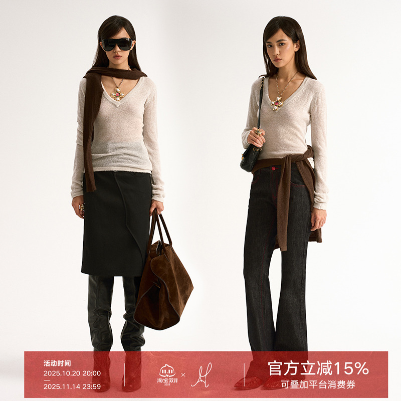 秋季新款薄款针织衫V领设计感