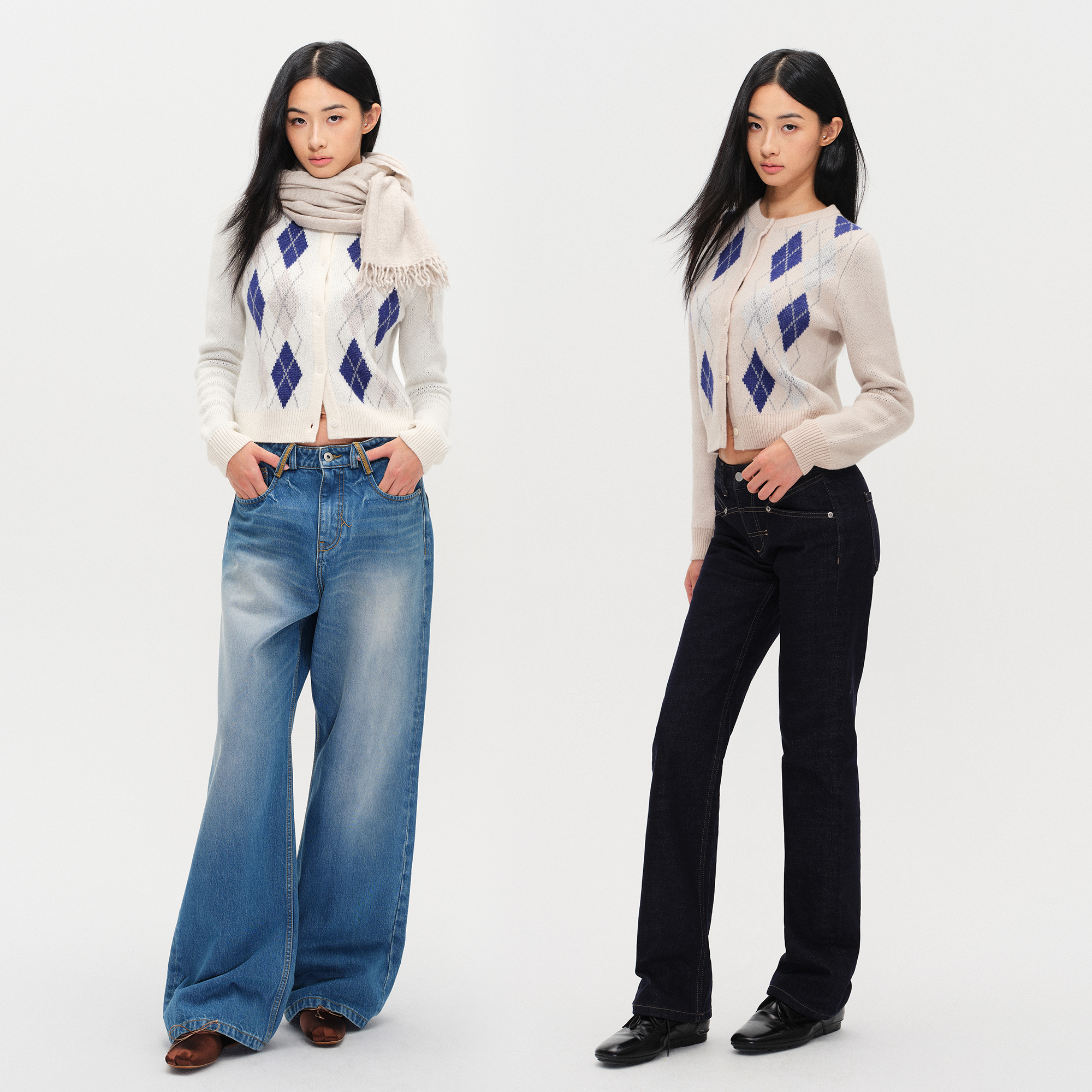 秋冬菱形格花纹复古针织毛衣