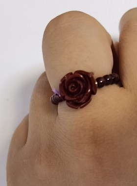 朱砂戒指红玫瑰花紫牙乌指环戒圈民族风手饰民族风现货（有单拍）