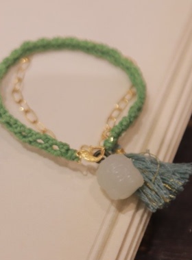 和田玉*绿意手绳*18K金镶嵌PC22110507（颜色多样性）