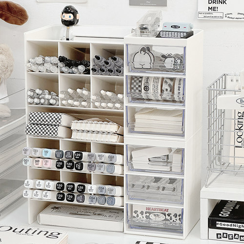 桌面笔筒收纳盒斜插式带抽屉多格儿童女孩桌面马克笔多功能置物架