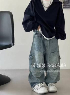 现货2026春实体店货韩国女男孩小中大儿童装青少年工装酷帅牛仔裤