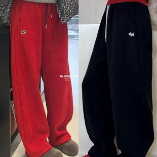 【现货】波拉韩国童装中大童冬加绒亲子马年红色休闲裤两用弯刀裤