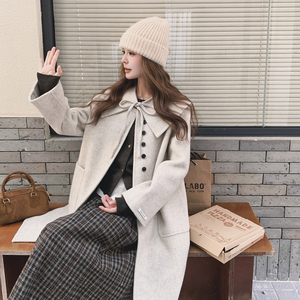燕麦色娃娃领双面羊绒大衣女2025秋装韩版减龄小个子时尚毛呢外套图片
