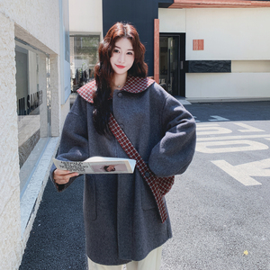 减龄格纹翻领灰色双面呢羊毛外套女秋冬2025新款小个子巨好看大衣图片