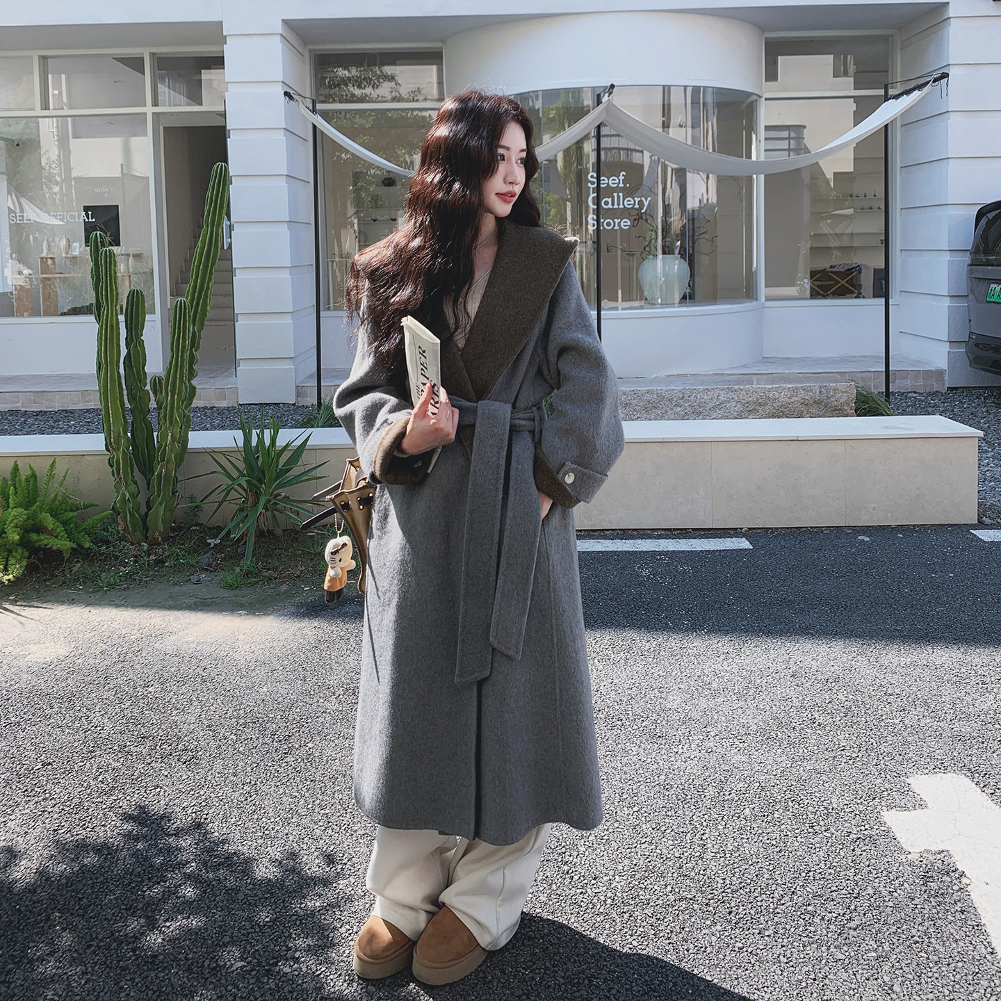 撞色拼接连帽双面呢羊毛灰色外套女秋冬2025新款巨好看高级感大衣,女装毛呢外套,2C077