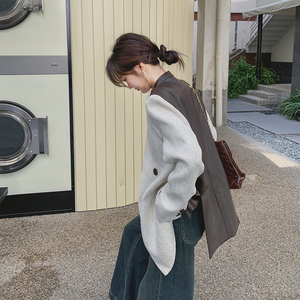 独特漂亮pu皮拼接西装外套女春季2025超火新款高级感职业通勤西服图片