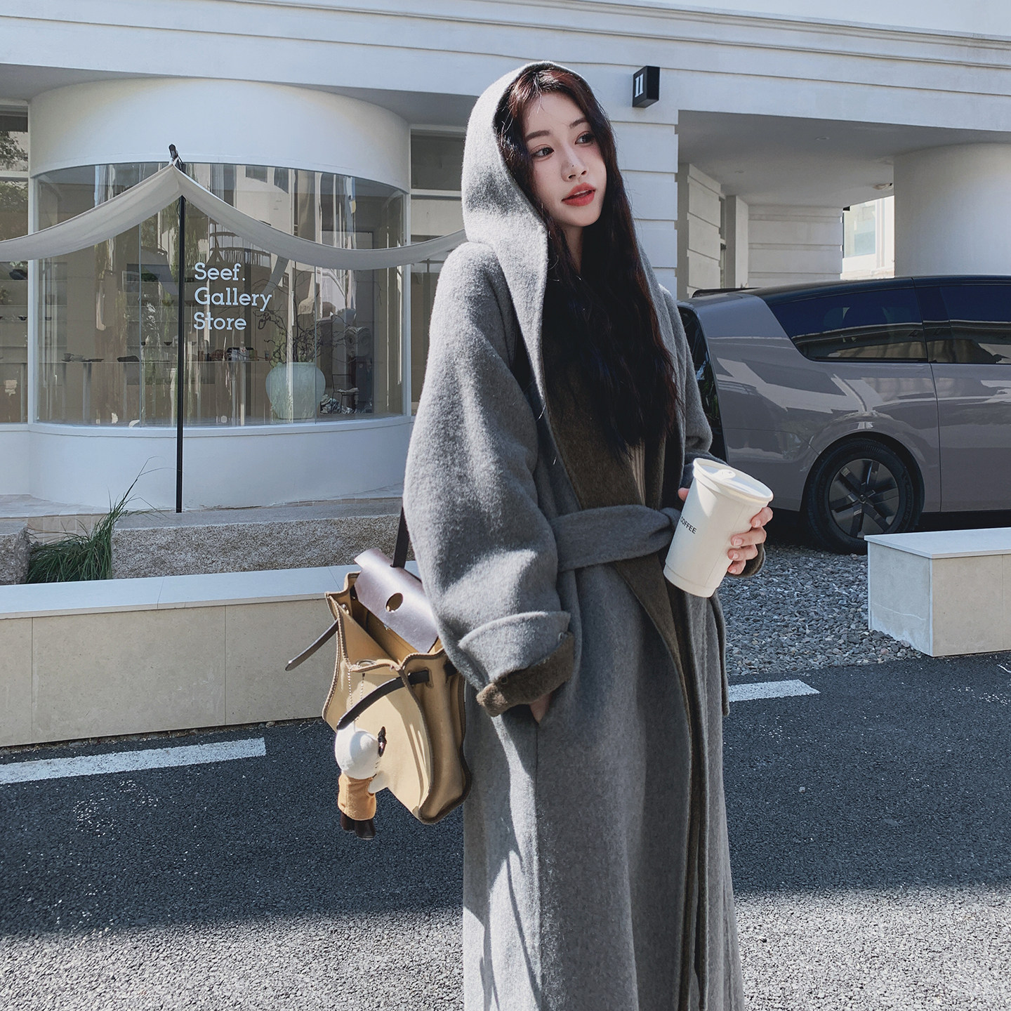 撞色拼接连帽双面呢羊毛灰色外套女秋冬2025新款巨好看高级感大衣图片