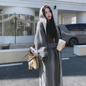 撞色拼接连帽双面呢羊毛灰色外套女秋冬2025新款巨好看高级感大衣图片