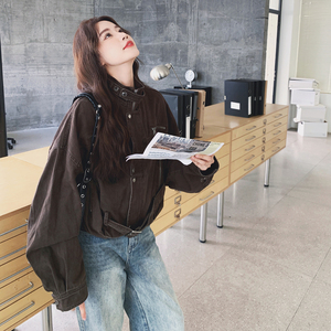 美拉德复古棕色机车短外套女2025秋季新款韩版小个子休闲工装夹克图片