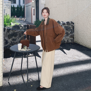 咖色复古廓形外套女2025秋季新款韩版宽松网红炸街小个子休闲夹克图片