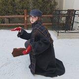 复古韩系格子围巾羊绒双面呢子大衣女秋冬新款小个子加厚毛呢外套，女装毛呢外套，2C077