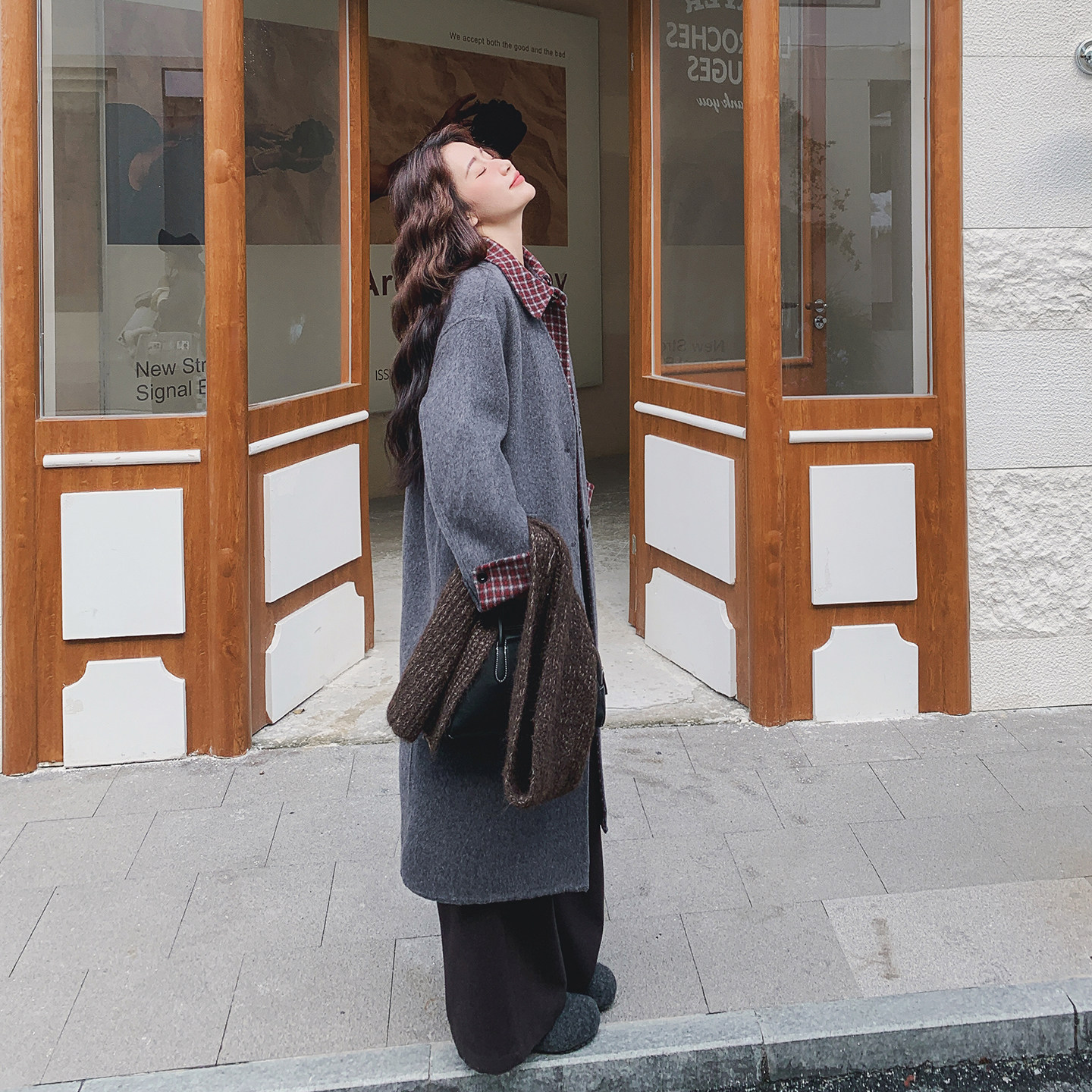 个性格纹拼接双面呢羊毛大衣女2025冬季日系学院风设计感毛呢外套,女装毛呢外套,2C077