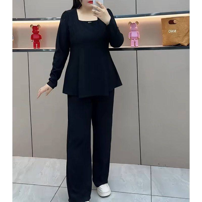 时尚休闲大码套装女2025春季新款宽松遮肚子方口领上衣阔腿裤套装,女装/女士精品,时尚套装,淘宝优惠券,粉丝福利购,淘宝优惠卷