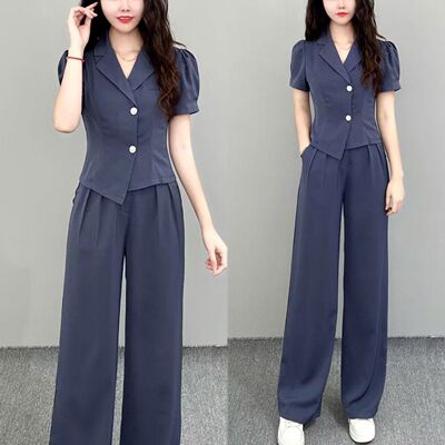 短袖上衣高腰阔腿长裤两件套