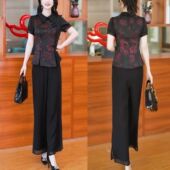 新款 两件套装 时尚 上衣阔腿裤 女 气质显瘦国风盘扣印花短袖 2026夏季