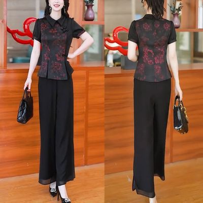 印花短袖上衣阔腿裤两件套装女