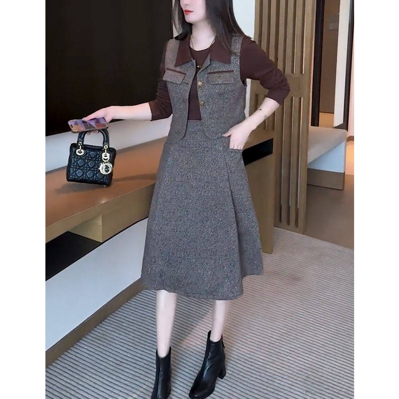 2025秋季新款时尚洋气马甲外搭+拼接假两件长袖连衣裙两件套装女,女装/女士精品,时尚套装,淘宝优惠券,粉丝福利购,淘宝优惠卷