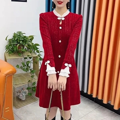 大码法式显瘦新中式长袖连衣裙