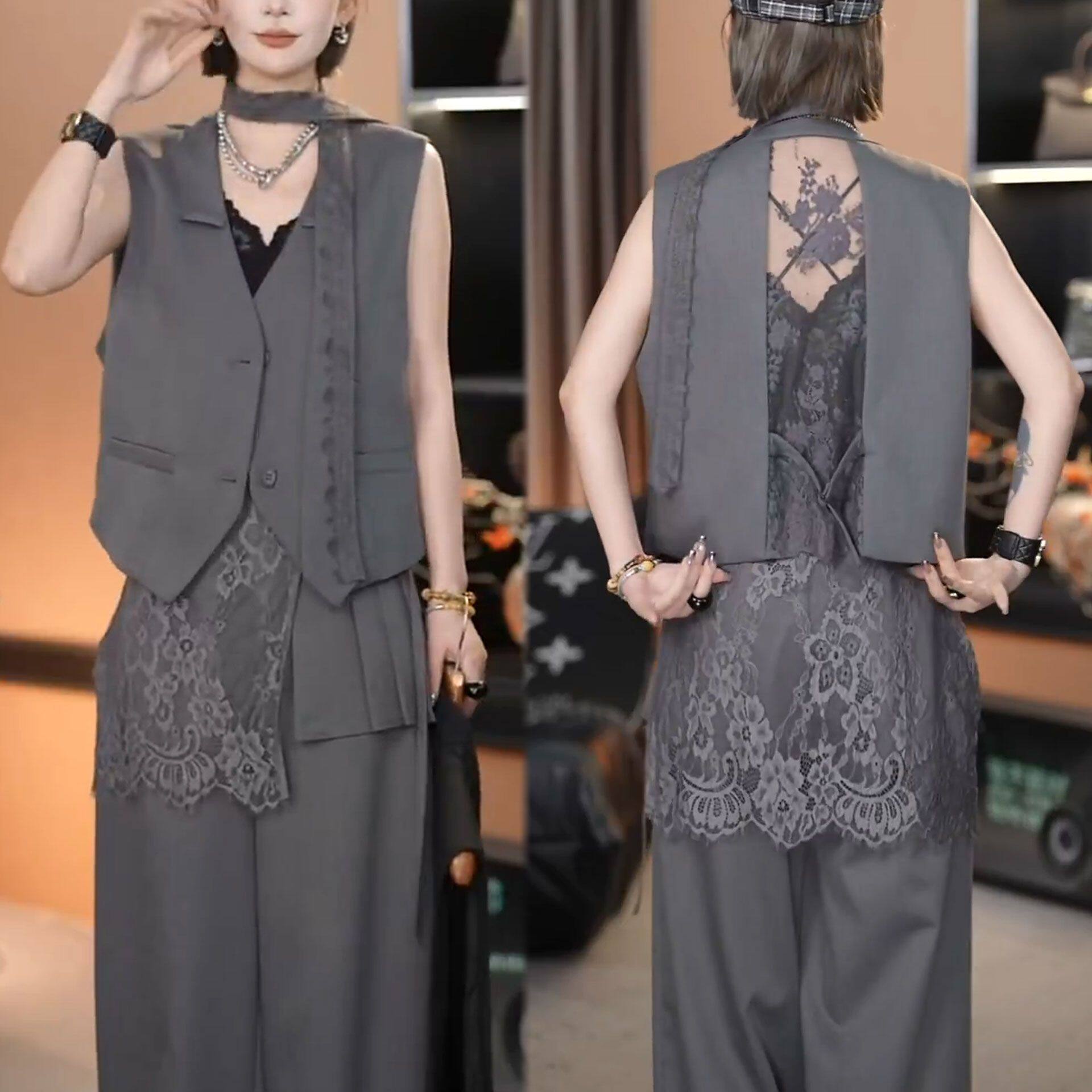 2026夏季新款时尚显瘦无袖西装马甲潮洋气设计感领带蕾丝拼接马夹