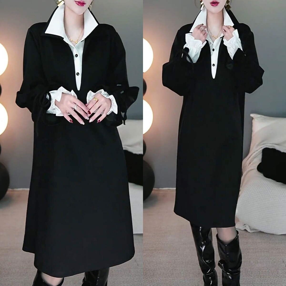 2026春季新款设计感假两件拼色系带裙子气质显瘦中长款衬衫连衣裙