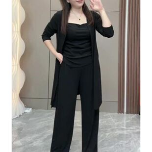 显瘦长袖 胖mm大码 开衫 外搭垂感直筒裤 女 2026春秋新款 三件套装 时尚