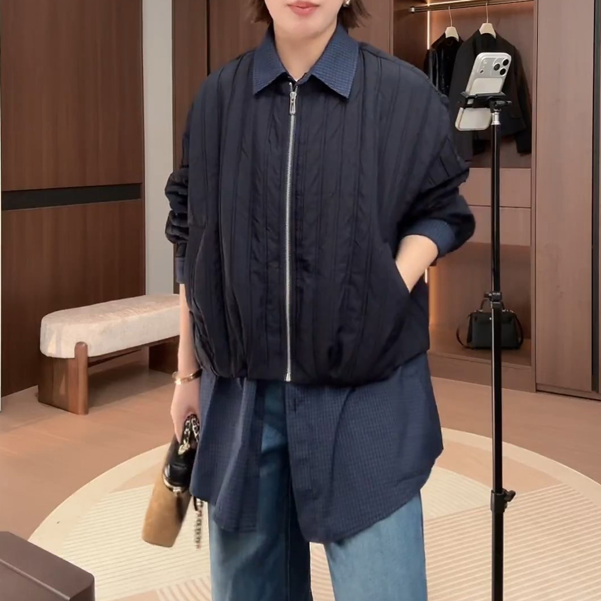 气质宽松显瘦开衫棉服2026秋冬季新款时尚假两件休闲中长款外套女