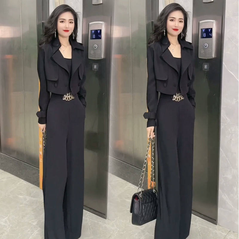 2026春夏新款时尚连体裤套装洋气显瘦短款上衣外套阔腿裤两件套女