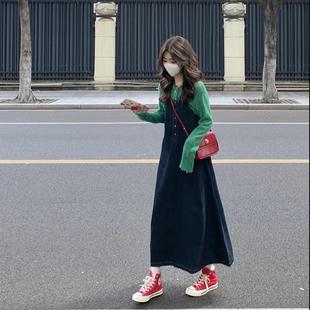 大码 女装 胖妹妹复古牛仔背带裙中长连衣裙百搭打底针织衫 显瘦套装
