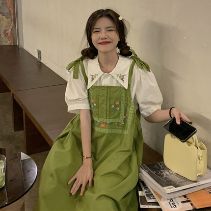 大码女装胖mm时尚两件套复古chic蕾丝花边牛仔夏季连衣裙显瘦衬衣