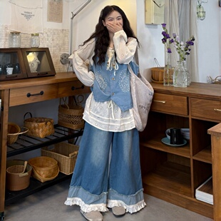 大码女装日系复古刺绣娃娃领衬衫针织马甲阔腿裤三件套胖mm显瘦