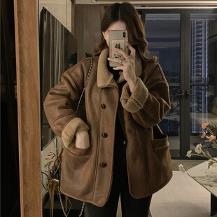 大码加厚保暖美拉德穿搭复古皮衣外套女秋冬款胖mm高级感夹克上衣