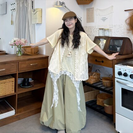 大码女装2026蕾丝马甲宽松阔腿裤三件套夏胖mm显瘦日系复古风套装