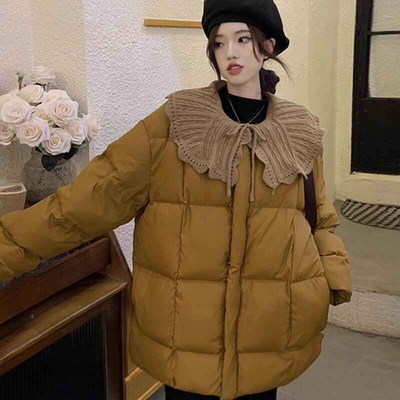 外套大码不显臃胖mm时尚冬季韩版针织娃娃领设计感加厚保暖棉服潮