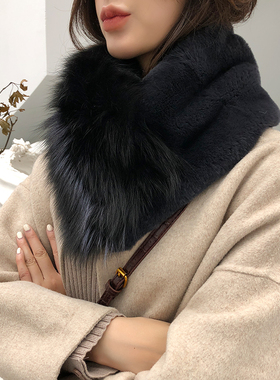 CENCY  整皮獭兔毛皮草大围脖 狐狸毛拼色皮草围巾 时尚潮搭保暖