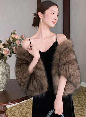 新款气质狐狸毛披肩手工编织柔软皮草女仿紫貂色贵妇披肩秋冬
