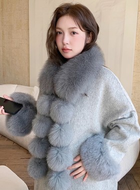 气质灰色狐狸毛长款流苏大毛球围巾气质百搭真毛皮草围脖披肩毛领