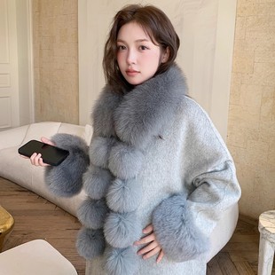 气质灰色狐狸毛长款流苏大毛球围巾气质百搭真毛皮草围脖披肩毛领